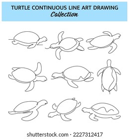 Set of turtle line design. Simple animal silhouette decorative elements drawn with one continuous line. Vector illustration of minimalist style on white background.