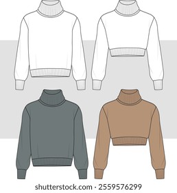 Set of turtle neck sweater winter wear vector, women and men sweater illustration drawing. Long sleeve, turtle neck unisex CAD mockup.