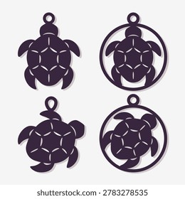 Set of turtle pendants. Hanging decoration, Christmas ball, keychain with aquatic animal. Template for plotter laser cutting of paper, fretwork, wood carving, metal engraving, cnc. Vector illustration