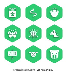 Set Turtle, Pig, Bear head, Horse, Zoo park, Butterfly, Monkey and Bag of food icon. Vector