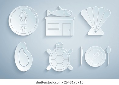 Set Turtle, Scallop sea shell, Mussel, Served fish on plate, Seafood store and Octopus icon. Vector