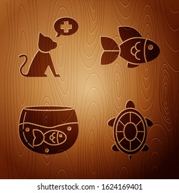 Set Turtle, Veterinary clinic symbol, Aquarium with fish and Fish on wooden background. Vector