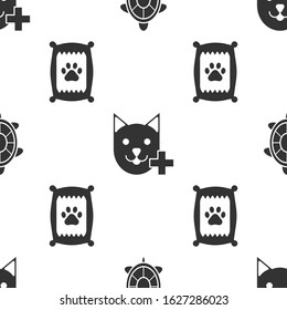 Set Turtle, Veterinary clinic symbol and Bag of food for dog on seamless pattern. Vector