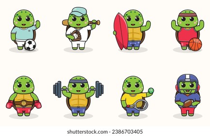 Set of Turtle wearing uniform and using sports equipment. Funny animals doing exercis. Cute cartoon character vector set isolated on a white background. Cartoon animal sport. Turtle cartoon. 