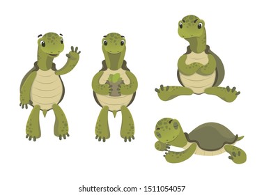 Set of turtles cartoons characters. Flat vector illustration on white background.