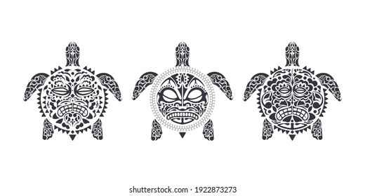 Set of Turtles in Tribal Polynesian tattoo style. Turtle shell mask. Maori and Polynesian culture pattern. Handmade. Vector illustration.