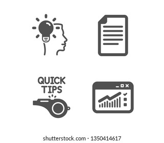 Set of Tutorials, Idea and File icons. Web traffic sign. Quick tips, Professional job, Paper page. Website window.  Classic design tutorials icon. Flat design. Vector