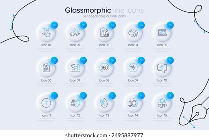 Set of Tutorials, Organic product and 360 degrees line icons for web app. Medical chat, Co2, Employee hand icons. Medical vaccination, Wind energy, Swipe up signs. Inspect. Vector