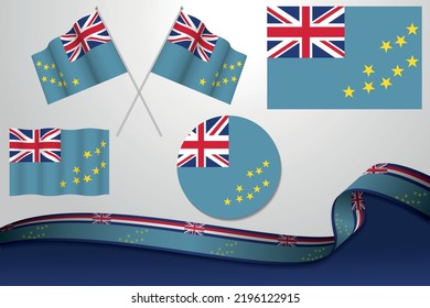 Set Of Tuvalu Flags In Different Designs, Icon, Flaying Flags And ribbon With Background.
