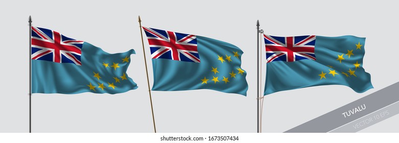 Set of Tuvalu waving flag on isolated background vector illustration. 3 wavy realistic flag as a symbol of patriotism