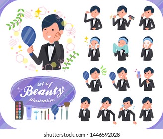 A set of tuxedo man on beauty.There are various actions such as skin care and makeup.It's vector art so it's easy to edit.
