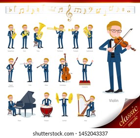 A set of tuxedo man on classical music performances.There are actions to play various instruments such as string instruments and wind instruments.It's vector art so it's easy to edit.