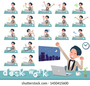 A set of tuxedo man on desk work.There are various actions such as feelings and fatigue.It's vector art so it's easy to edit.
