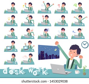 A set of tuxedo man on desk work.There are various actions such as feelings and fatigue.It's vector art so it's easy to edit.
