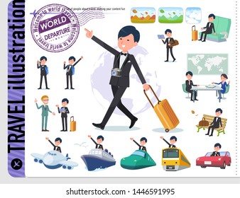 A set of tuxedo man on travel.There are also vehicles such as boats and airplanes.It's vector art so it's easy to edit.
