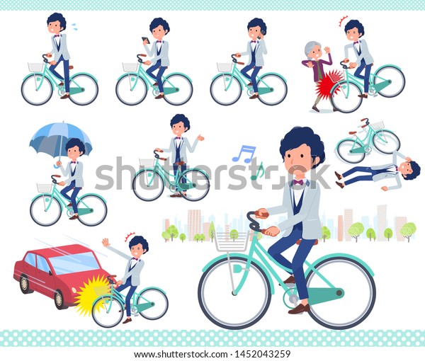 A\
set of tuxedo man riding a city cycle.There are actions on manners\
and troubles.It\'s vector art so it\'s easy to\
edit.\
