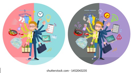A set of tuxedo man who perform multitasking in offices and private.There are things to do smoothly and a pattern that is in a panic.It's vector art so it's easy to edit.
