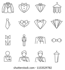 Set of tuxedo Related Vector Line Icons. Contains such Icons as suit, man, tie, jacket, celebration, dress code and more.  