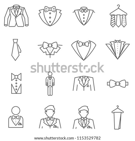 Set of tuxedo Related Vector Line Icons. Contains such Icons as suit, man, tie, jacket, celebration, dress code and more.  