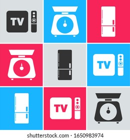 Configure el receptor y reproductor de la caja de TV con el mando a distancia, Escalas e icono del refrigerador. Vector