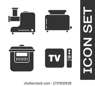 Ajuste el receptor y reproductor de la caja de TV con mando a distancia, molino de carne de cocina, cocina lenta y tostadora con icono de tostadas. Vector