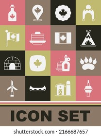 Set TV CN Tower in Toronto, Bear paw footprint, Indian teepee wigwam, Canadian maple leaf, Stack of pancakes, Flag Canada, Bottle syrup and  icon. Vector
