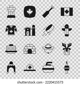 Set TV CN Tower in Toronto, Deer head with antlers, Canadian totem pole, Paddle, Farm house, Hockey jersey, Inukshuk and puck icon. Vector