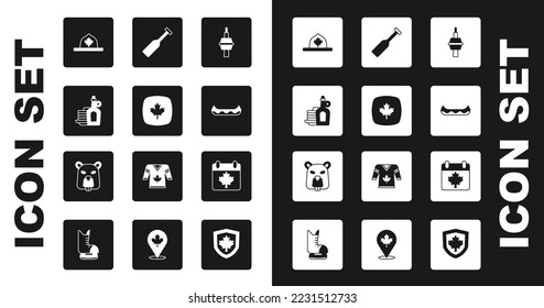 Set TV CN Tower in Toronto, Canadian maple leaf, Syrup with pancakes, ranger hat, Kayak, Paddle, Canada day and Beaver animal icon. Vector