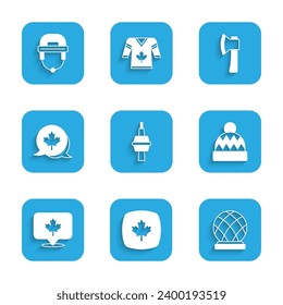 Set TV CN Tower in Toronto, Canadian maple leaf, Montreal Biosphere, Beanie hat, Wooden axe and Hockey helmet icon. Vector