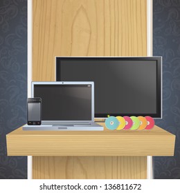 Set of TV, computer,CD and phone on shelf. Vector design.