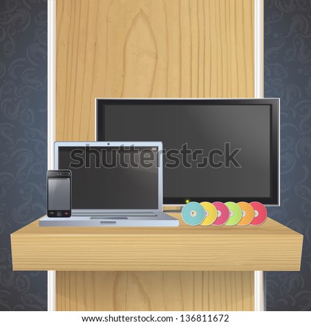 Set of TV, computer,CD and phone on shelf. Vector design.