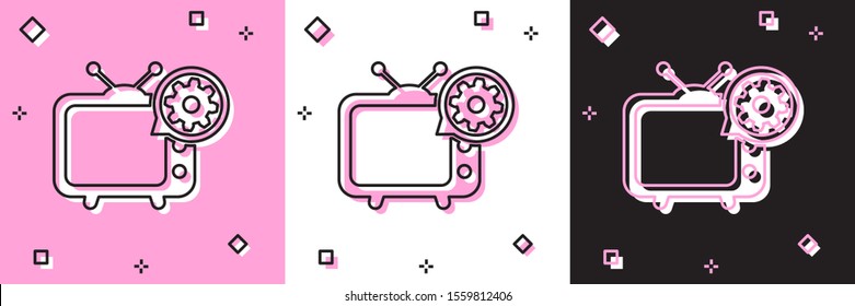 Set Tv and gear icon isolated on pink and white, black background. Television service concept. Adjusting app, setting options, maintenance, repair, fixing.  Vector Illustration