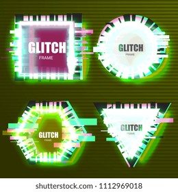 Set of tv glitch effects in minimal style. Abstract distorted geometric shapes collection. Vector interference frames for modern poster design