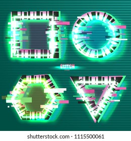Set of tv glitch effects in minimal style. Abstract distorted geometric shapes collection. Vector interference frames for modern poster design