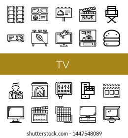 Set of tv icons such as Film, Projector, d movie, Billboard, Ads, Clapperboard, News, Director chair, Bola de berlim, Actor, Monitor, Fireplace, Pixels, Television , tv