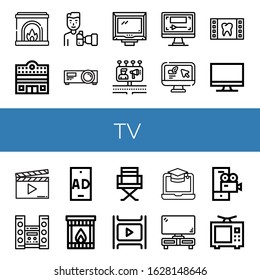 Set Of Tv Icons. Such As Fireplace, Cinema, Paparazzi, Projector, Monitor, Billboards, Computer, Film, Clapperboard, Home Theater, Ad, Director Chair, Screen, Tv Set , Tv Icons