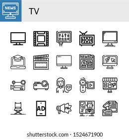 Set Of Tv Icons. Such As News, Monitor, Film, Television, Screen, Clapperboard, Computer, Video Recorder, Projector, Actor, Director Chair, Ad, Advertising, Billboard , Tv Icons