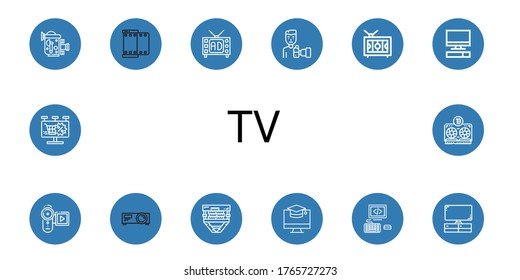Set of tv icons. Such as Old video camera, Film, Television, Paparazzi, Computer, Video recorder, Projector, Screen, Billboard, Vga , tv icons