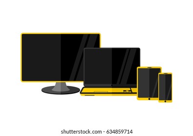 Set of TV, laptop computer, tablet, smartphone. Isolated on white background.