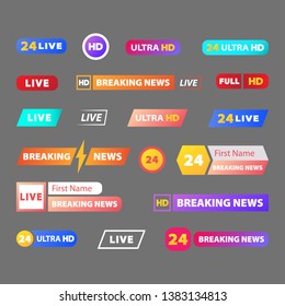 Set of TV news bars. Sign of lower third, live news. Banners for broadcasting television video.