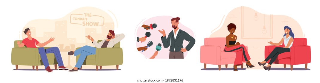 Set Tv Night Show With Guest. Male And Female Celebrity Characters Giving Interview To Television Presenter In Broadcasting Studio, Journalist Host Ask Famous People. Cartoon Vector Illustration