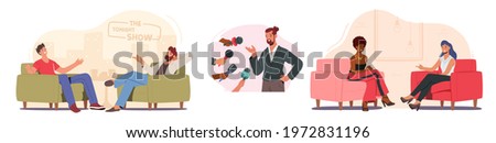 Set Tv Night Show with Guest. Male and Female Celebrity Characters Giving Interview to Television Presenter in Broadcasting Studio, Journalist Host Ask Famous People. Cartoon Vector Illustration