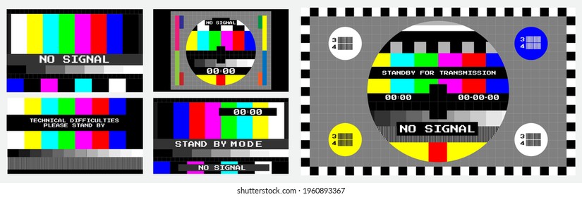 set of tv no signal background or screen color test television or technical difficultiest test display concept. eps vector