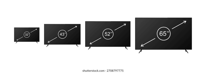 Conjunto de iconos de tamaño de pantalla de TV. Diagonales de Smart TV 32, 42, 52, 65 pulgadas. Supervise y muestre símbolos en estilo de Vector plano sobre un fondo blanco.