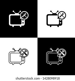 Set Tv with screwdriver and wrench icon isolated on black and white background. Adjusting, service, setting, maintenance, repair, fixing.  Vector Illustration