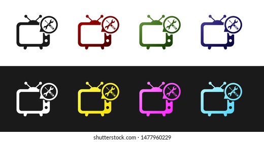 Set Tv with screwdriver and wrench icon isolated on black and white background. Adjusting, service, setting, maintenance, repair, fixing.  Vector Illustration