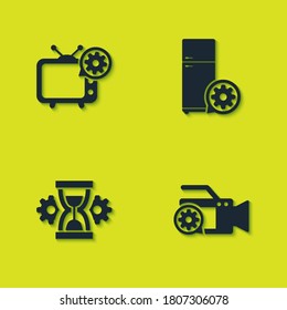 Set Tv setting, Video camera, Hourglass and Refrigerator icon. Vector.