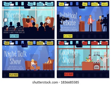 Set of TV show studio banners with cartoon characters of show presenter and guest, flat vector illustration. Entertainment programs and news or political show production.