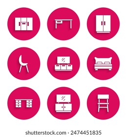 Set TV table stand, Chair, Big bed, Office desk, Armchair, Wardrobe and  icon. Vector