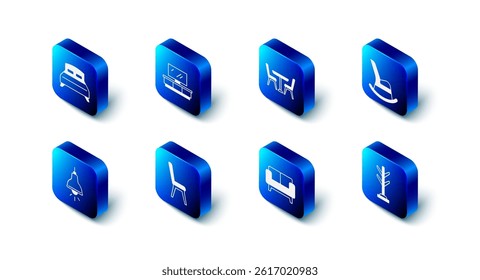 Set TV table stand, Table with chair, Rocking, Coat, Sofa, Chair, Lamp hanging and Big bed icon. Vector